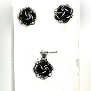 925 Mexico Silver Flower Rose Love Drop Earrings and Pendant Set